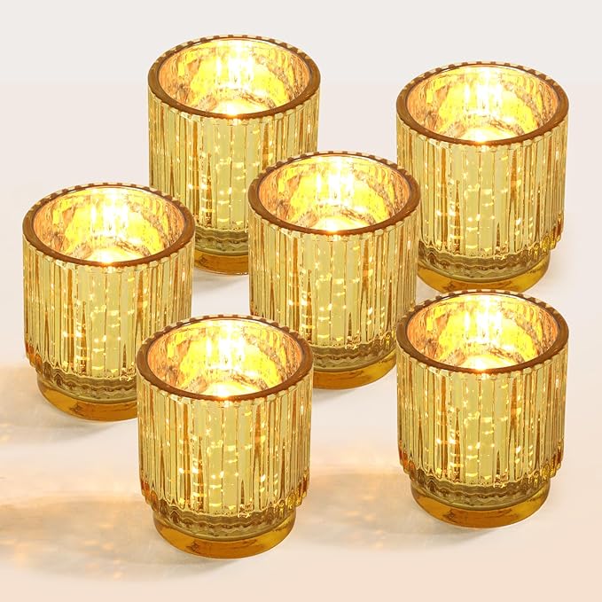 Gold Mercury Glass Votive Candle Holders Set of 6, Wedding Party Candlestick, Elegant Table Centerpiece Candles,Gold Tealight Candle Holders Set, Festive Holiday Home Decor