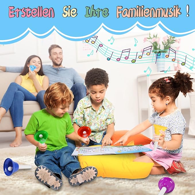 Hand Bells, 8 Note Musical Handbells Set with 17 Songbook Musical Toy Percussion Instrument for Toddlers Children Kids for Children's Day Family Activity School and Church (Upgraded Edition)