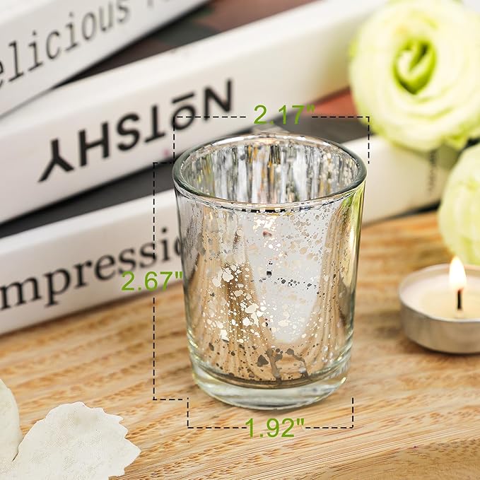 24 Pcs Silver Votive Candle Holders, Speckled Mercury Silver Glass Candle Holder Bulk for Wedding Centerpiece Table Decor, Tea Lights Candle Holder for Valentines Day Decor, Home Decor