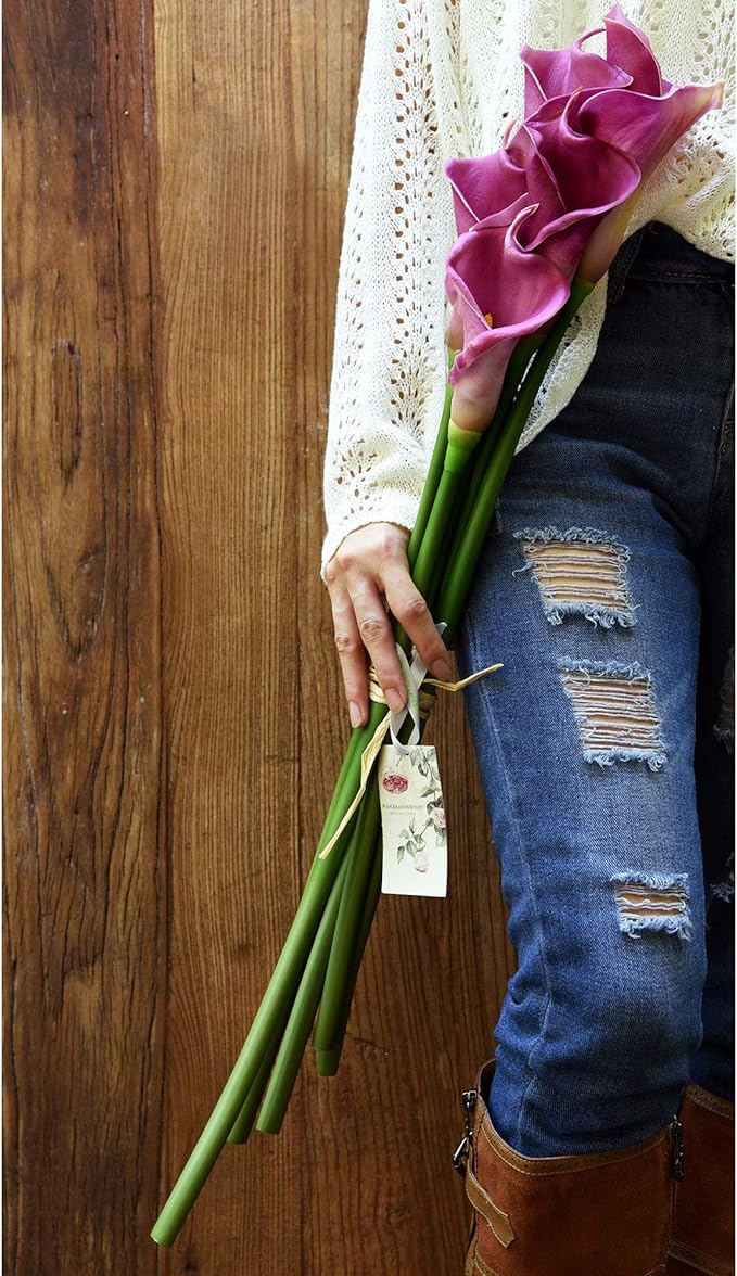 FiveSeasonStuff Real Touch Calla Lily Artificial Flowers, Wedding Bridal Floral Arrangements (25'' 6 Long Stems, Autumn Purple)