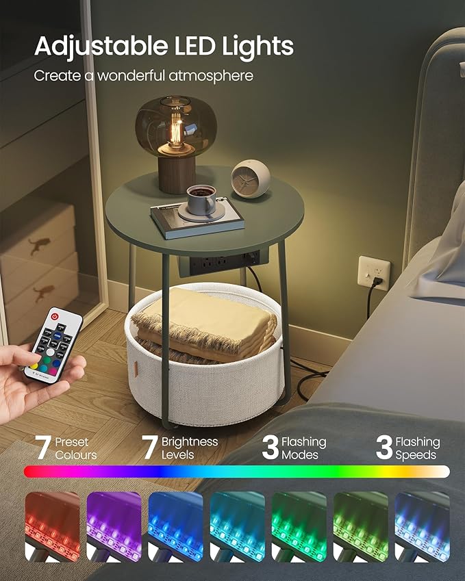VASAGLE LILEA Collection - Side Table with Charging Station, Round End Table with Fabric Basket, LED Nightstand with USB Ports, Modern, for Living Room, Forest Green and Cream White ULET227C01
