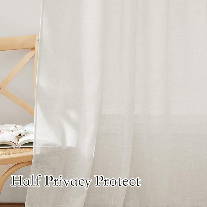 RYB HOME Semi Sheer Curtains 63 inch Length 2 Panels, Linen Textured Privacy Protect Window Drapes Soft Breathable Back Tab Window Curtains for Bedroom Living Room Decor, 52 W x 63 L, Linen