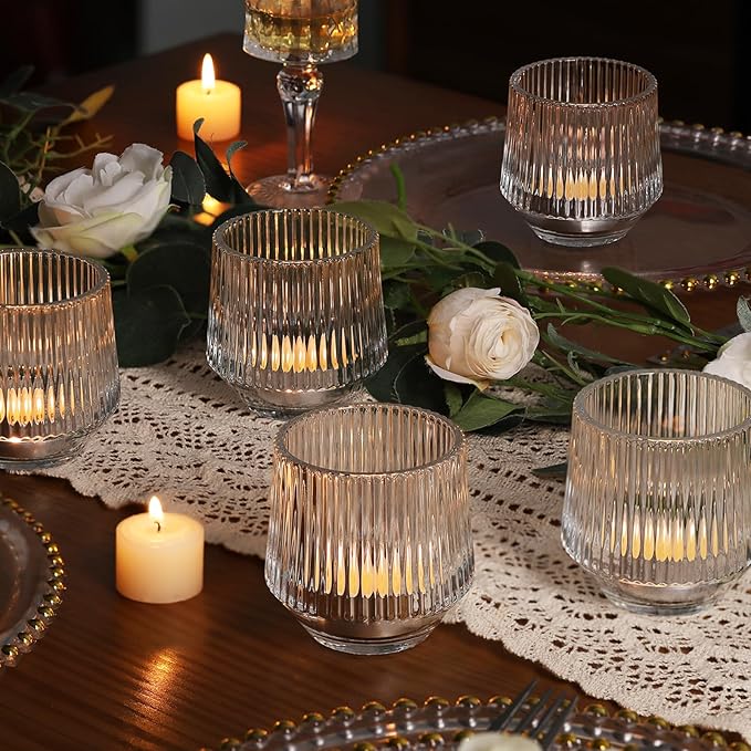 12 Pcs Large Glass Votive Candle Holders- 3.15"×3.15" Ribbed Candle Holders for Tealight Candles, Votives, Floatings, Tea Lights Candle Holders for Table Centerpieces, Wedding Table Decor
