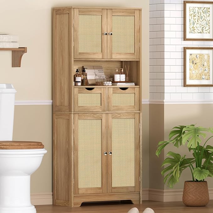 Iwell Tall Storage Cabinet with 2 Drawers & Adjustable Shelves, Rattan Cabinet, Kitchen Storage Cabinet, Pantry Cabinet with 4 Doors, Tall Cabinet for Living Room, Kitchen, Home Office, Natural