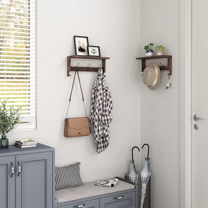 Coat Hooks, Wood Rack Wall-Mounted, 31.5 Inch Entryway Shelf with 10 Hooks (Brown)