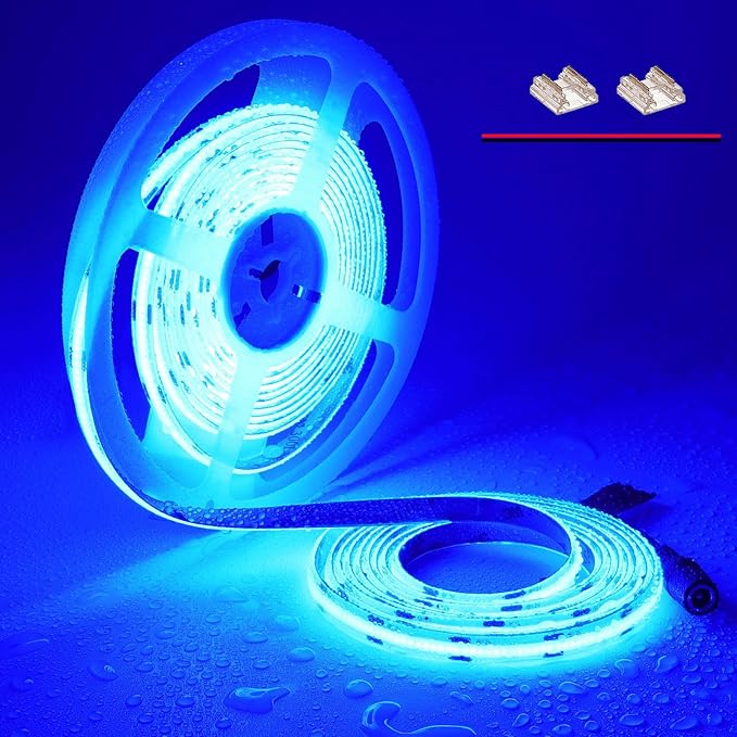 TOPAI 12V COB LED Strip Light Blue Waterproof IP65 16.4ft/5M 480LEDs/M Dotless High Density Self Adhesive Cuttable Flexibl LED Tape Light for Cabinet Home DIY Lighting Projects