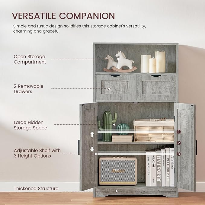 Iwell Storage Cabinet with 2 Drawers & 2 Adjustable Shelves, Kitchen Cabinet, Cupboard, for Living Room, Kitchen, Entryway, Home Office, Grey