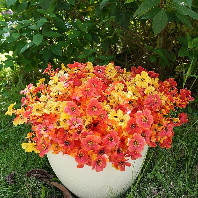 Artificial Flowers for Outdoor, UV Resistant Fake Silk Flowers, Realistic Faux Plants for Outside Indoor Porch Patio Window Box Planter Home Decor (16, Fall OrangeRed Yellow)