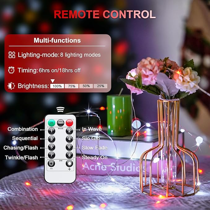 JMEXSUSS 2 Pack Red and White Fairy Lights Battery Operated, Total 200LED 66ft Red and White Christmas Lights with Remote, 8 Modes Battery Powered Twinkle Lights for Bedroom Christmas Tree Decor