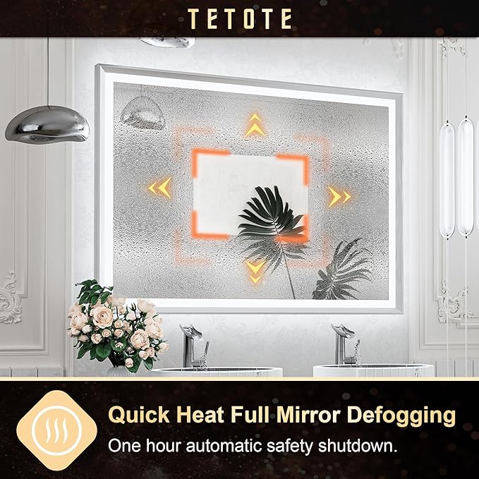 TETOTE Brushed Silver LED Bathroom Mirror with Lights 42x36 Front & Back Light Vanity Framed Mirror Baroque Anti Fog Dimmable White/Warm/Natural,CRI90+,Waterproof,Wall Mounted(Horizontal/Vertical)
