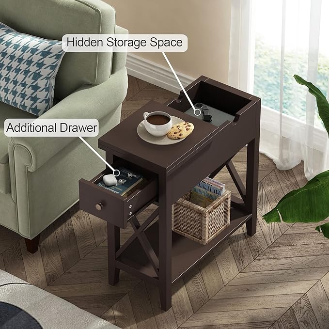 ChooChoo End Table, MDF Material Flip Top Narrow End Table with Drawer, Accent Small Side Table Nightstand for Living Room, Bedroom, and Small Spaces - Espresso