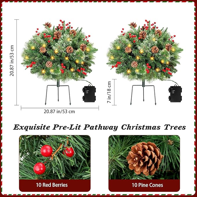 Lewondr Set of 2 Prelit Pathway Christmas Trees, 20.87" Outdoor Christmas Tree with 50 LED Lights, Pine Cones Red Berries, Battery Operated Outdoor Xmas Decor for Yard Home Porch