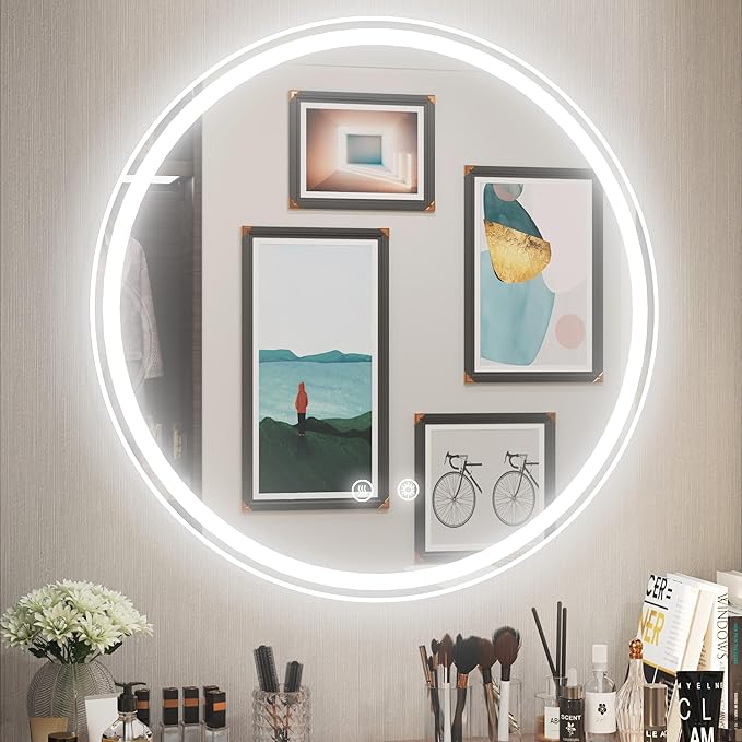 28 Inch Round LED Bathroom Mirror, Front & Backlit Lighted Bathroom Mirror Wall Mounted, 6000K Daylight, Dimmable, Anti-Fog, CRI 90+
