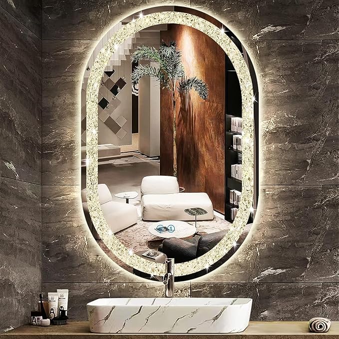 32 x20 Inch Crystal Oval LED Vanity Mirror with Lights Diamond Oval Lighted Mirror for Bathroom Wall Horizontal/Vertical Mounted Antifog Memory 3 Color Dimmable Crystal Ovals Light up Mirrors