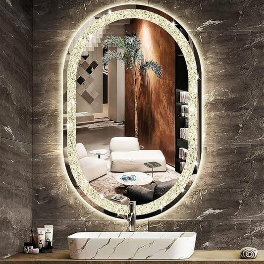 32 x20 Inch Crystal Oval LED Vanity Mirror with Lights Diamond Oval Lighted Mirror for Bathroom Wall Horizontal/Vertical Mounted Antifog Memory 3 Color Dimmable Crystal Ovals Light up Mirrors