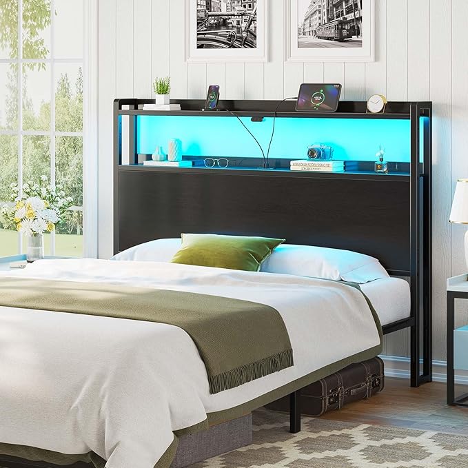 Rolanstar Headboard for Full Size Bed with Storage, 60,000 DIY Color of LED Light, Head Board with USB & Type C Port, Height Adjustable, Black Cabeceras de Cama Comfortable Modern, Wood