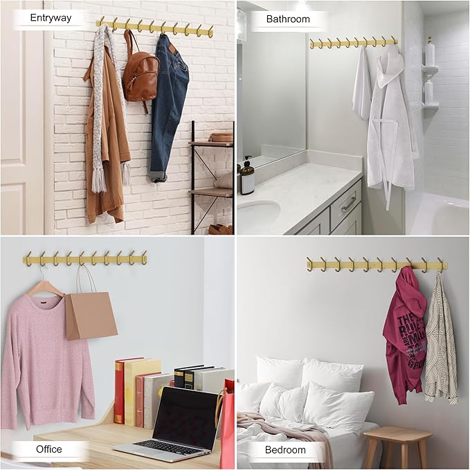 Brushed Gold Wall Mounted Coat Rack – 30 Inch Stainless Steel Rail with 10 Double Coat Hooks for Entryway, Bathroom, Bedroom, Kitchen – Modern Gold Hook Rack for Coats, Hats, Towels