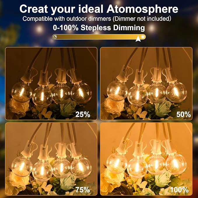 100ft 2-Pack Outdoor String Lights,Dimmable G40 LED String Lights with 52 Shatterproof Clear Bulbs UL Approval Waterproof Globe 1W 2700K Outdoor Lighting for Backyard Porch Cafe Party Wedding Garden