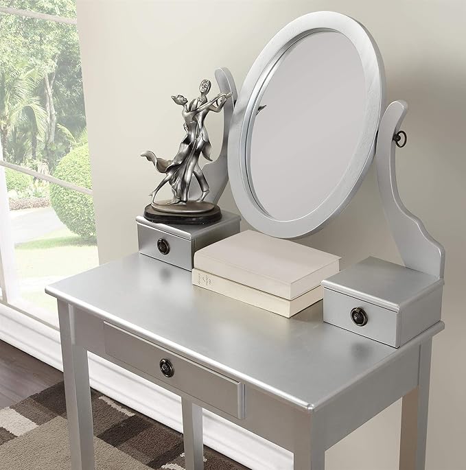 Roundhill Furniture Moniys Wood Moniya Makeup Vanity Table and Stool Set, Silver