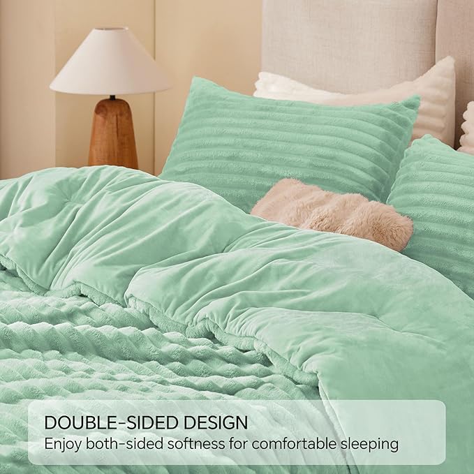 BEDELITE Fleece Twin Comforter Set -Super Soft & Warm Fluffy Light Green Bedding, Luxury Fuzzy Heavy Bed Set for Winter with 1 Pillow case