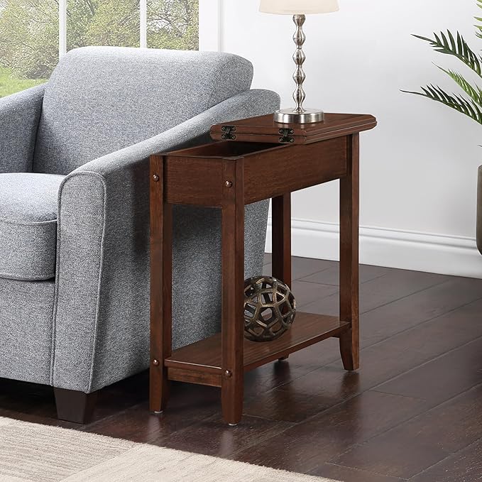 Convenience Concepts American Heritage Flip Top End Table 23.25" - Classic Narrow Chairside Accent with Hidden Storage & Lower Shelf for Traditional, Modern Living Room, Espresso