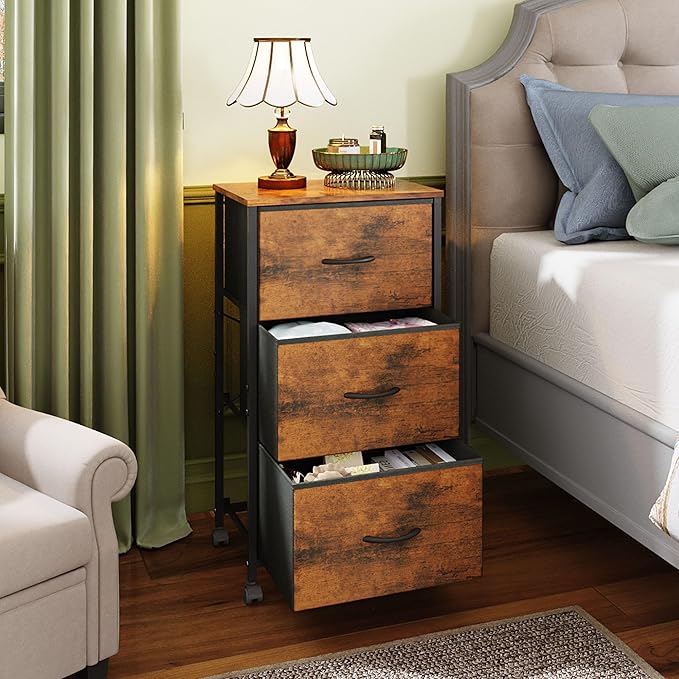 WLIVE Dresser with 3 Drawers, Fabric Nightstand, Cabinet with Wheels, Organizer Storage Dresser for Bedroom, Office, Closets, Sturdy Steel Frame, Easy Pull Handle, Rustic Brown Wood Grain Print