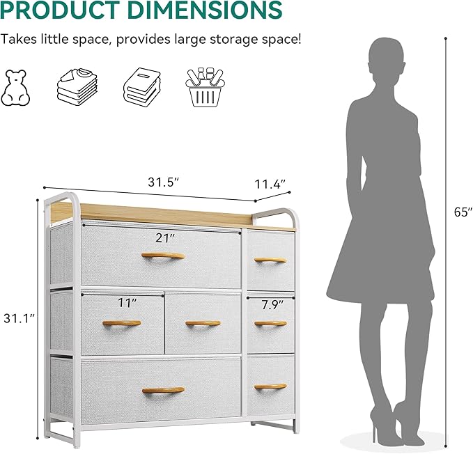 YITAHOME 7 Drawer Dresser, Storage Organizer with Shelves, Fabric Dresser, Chest of Drawers, Living Room, Closets, Sturdy Steel Frame, Wooden Top, Easy Pull Fabric Bins
