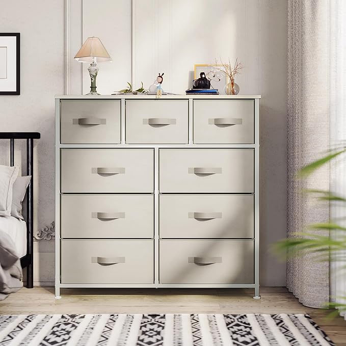 YITAHOME Dresser with 9 Drawers - Fabric Storage Tower, Organizer Unit for Living Room, Hallway, Closets - Sturdy Steel Frame, Wooden Top & Easy Pull Fabric Bins (Cream White)