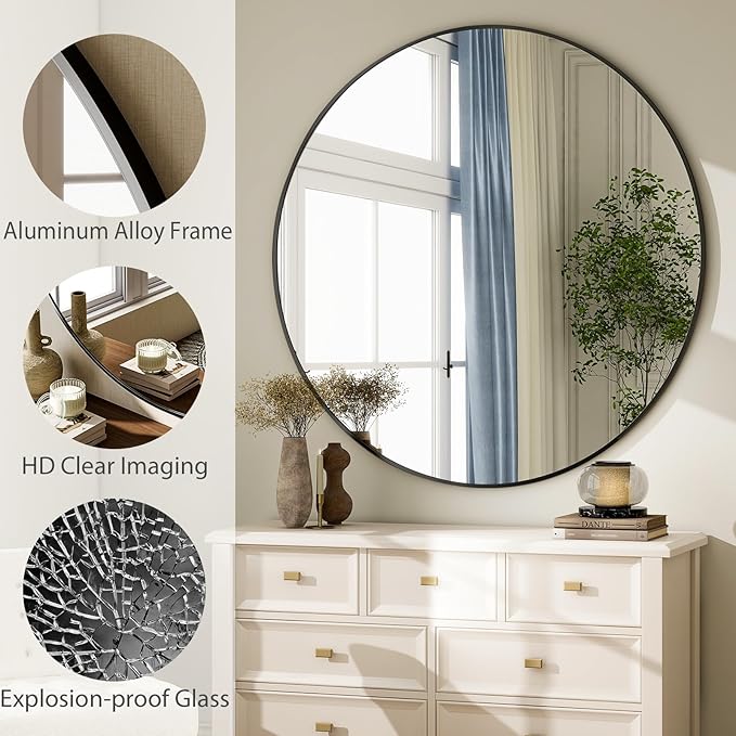 HARRITPURE 48 Inch Round Mirror, Black Circle Bathroom Mirror, Modern Aluminum Alloy Frame Large Vanity Wall Mirror for Living Room, Bedroom, Entryway