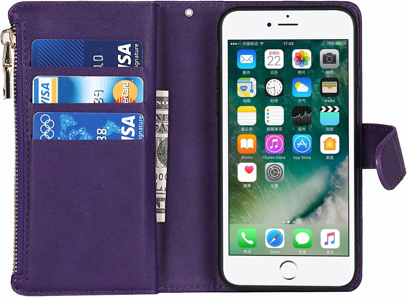 Jaorty Wallet Case for iPhone 7/8/iPhone SE 2nd 2020/iPhone SE 3rd 2022, 9 Card Slots, Zipper Cash Pocket, Purple