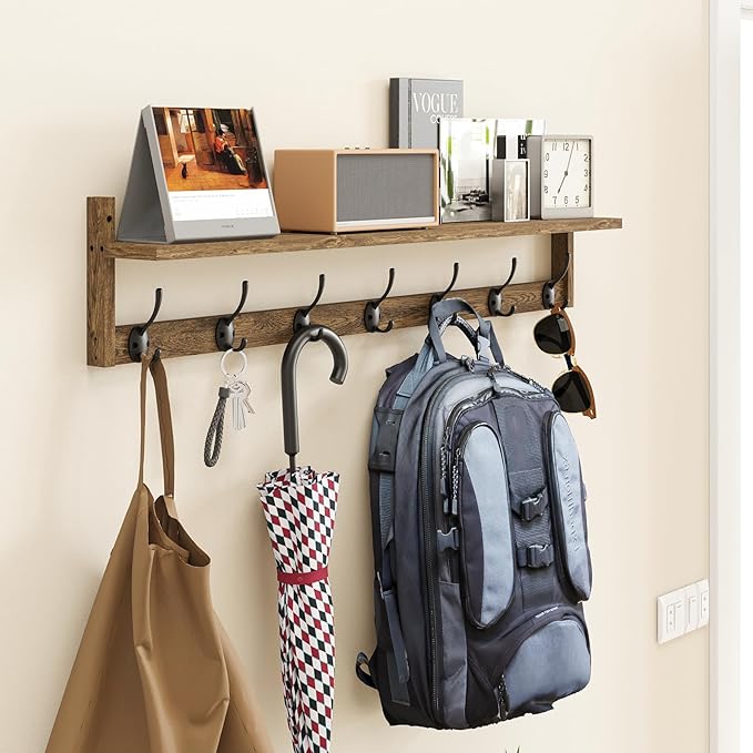 BAMEOS 35" L Wooden Coat Rack Wall Mount, Large Wall Coat Hooks with Shelf, Wall Hanging Shelf with 7 Dual Metal Hooks for Entryway, Bathroom, Kitchen, Living Room, Bedroom