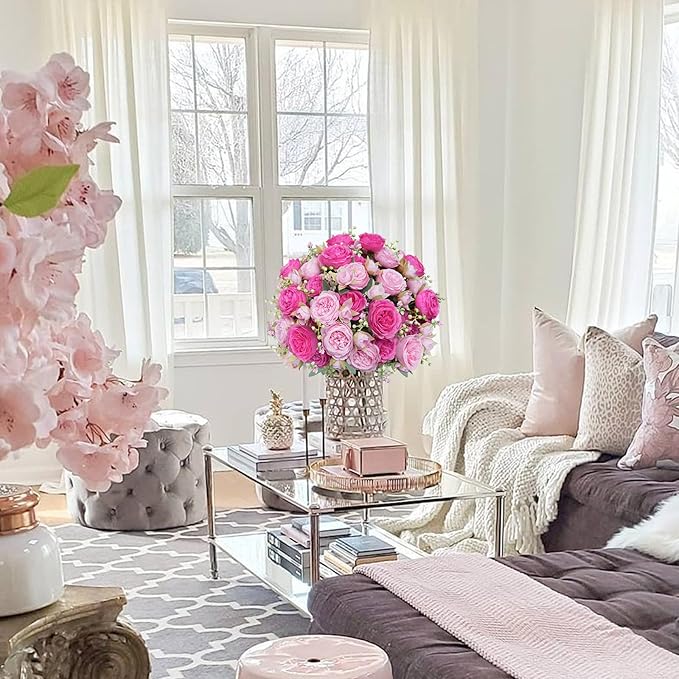 10 Bundles Peonies Artificial Flowers, Pink Silk Peony Flower Bulk Bridesmaid Bouquet for Indoor Home Decor Bedroom Kitchen Office Wedding Party Table Centerpieces