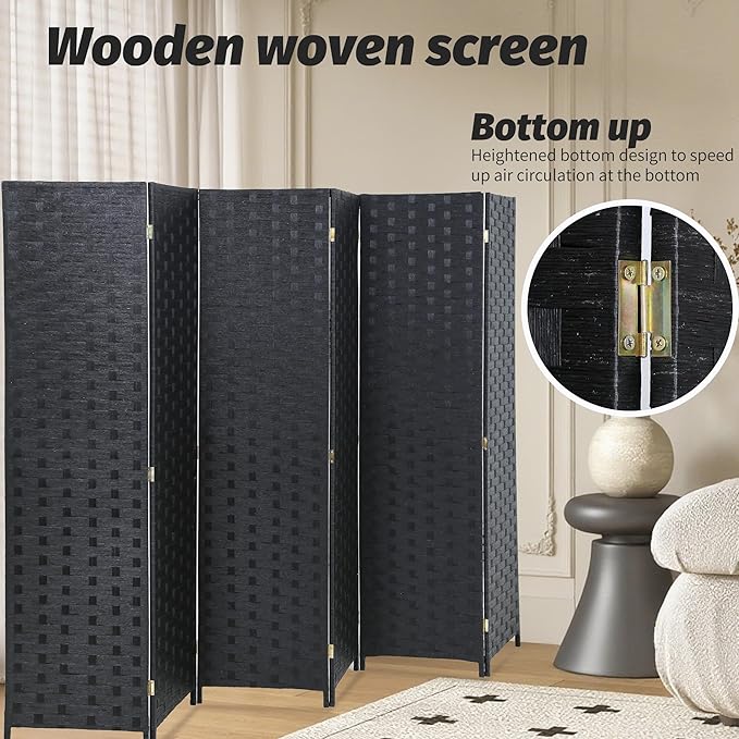 FDW Room Divider 6 Panels Wood Mesh Hand-Woven Design Indoor Folding Portable Partition Screen, Coal Black