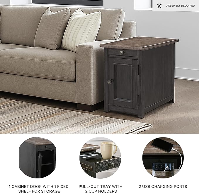 Signature Design by Ashley Tyler Creek Rustic Chair Side End Table with Pull-Out Tray & USB Ports, Brown