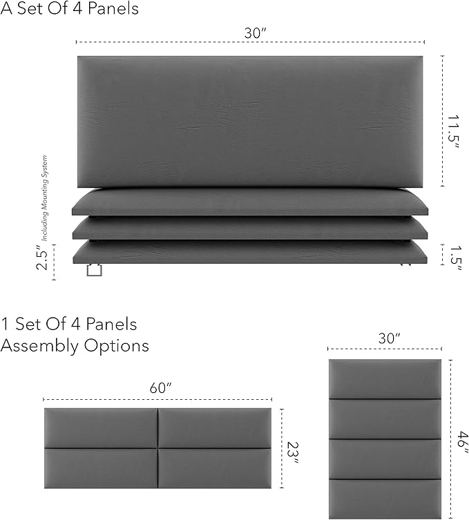 VANT Upholstered Headboards - Accent Wall Panels - Packs of 4 - Vintage Leather Gray Pewter - 30" Wide x 11.5" Height - Easy to Install - Queen - Full Size Headboard