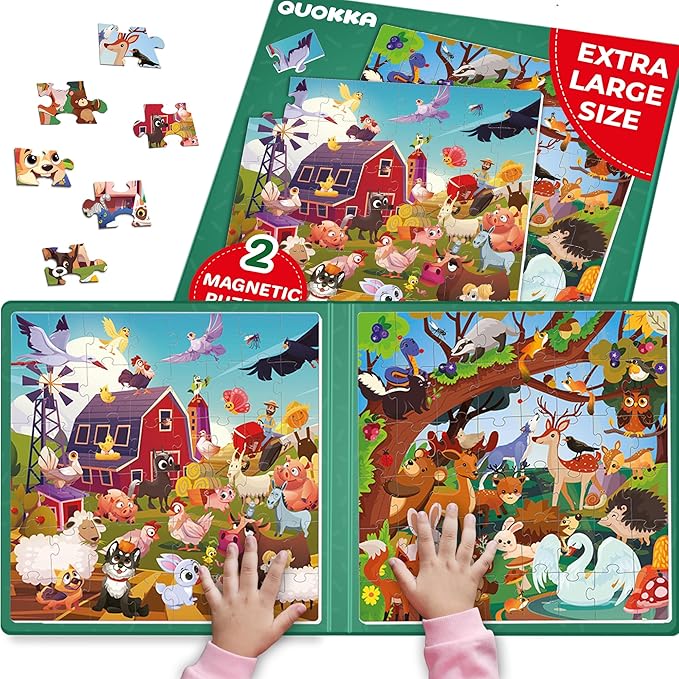 QUOKKA Magnetic Puzzles for Kids Ages 3-5 - 2x48 Travel Puzzles Games for Toddlers 3-4 Years Old - Activities Car Toy for Boys and Girls 4-6 yo - Farm & Forest Animals Learning Magnet for Road Trip