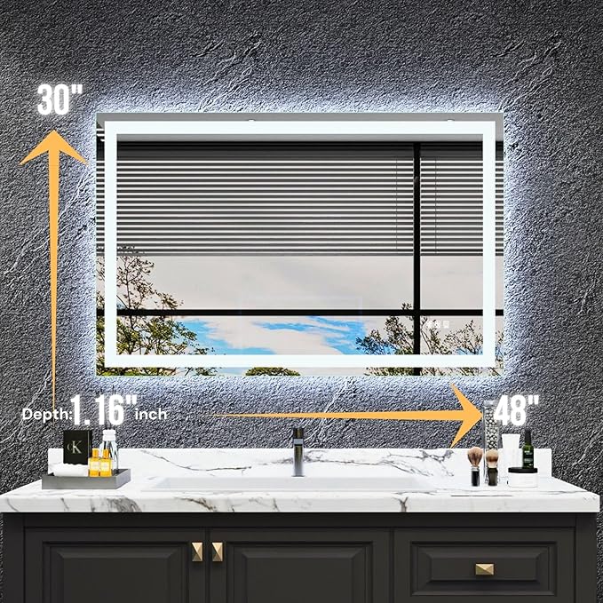 LED Bathroom Mirror 48"x 30", Front Lit and Backlit LED Mirror with Lights,Stepless Dimmable,Anti-Fog, Shatter-Proof, Memory, 3 Colors,LED Mirror for Bathroom .(Horizontal/Vertical)