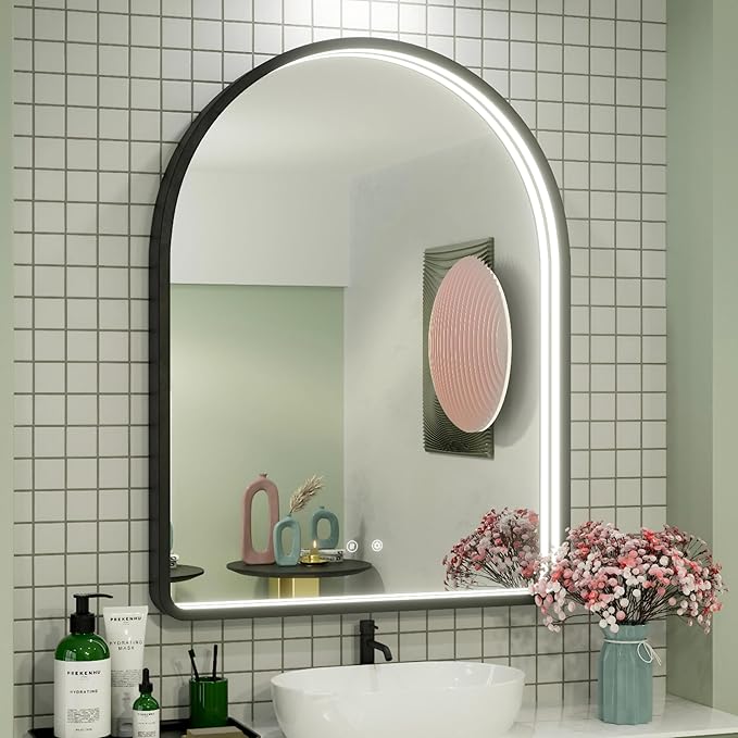 40x30 Inch LED Bathroom Mirror with Lights, Adjustable 3000K/4500K/6000K, Arched Black Frame Lighted Bathroom Vanity Mirror, Anti-Fog, Dimmable, Wall Mounted