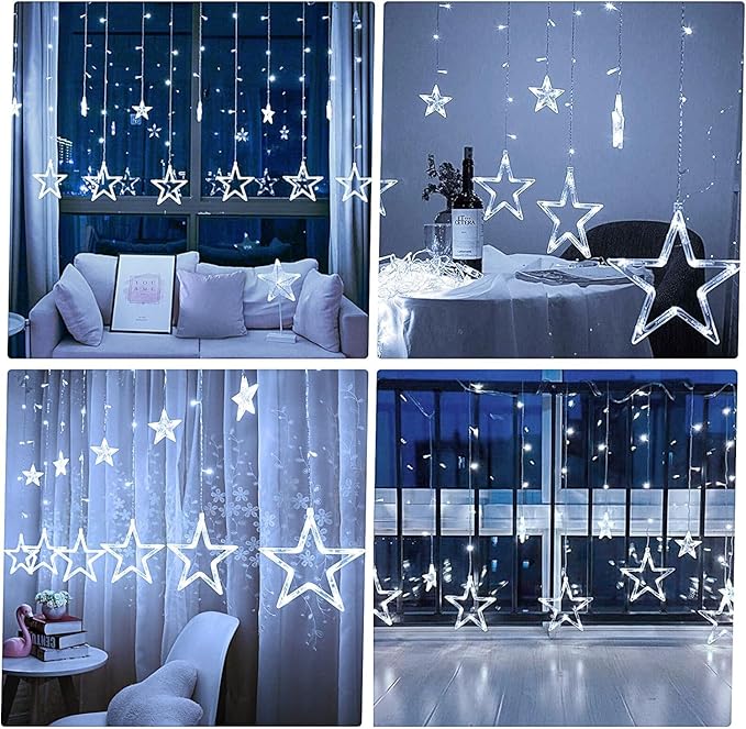 Star Curtain Lights for Bedroom - Plug-in 9ft 138 LED Fairy Twinkle Lights with 12 Star Drops, Connectable Window Lights with Remote 8 Lighting Modes for Indoor Xmas Ramadan Decoration, White