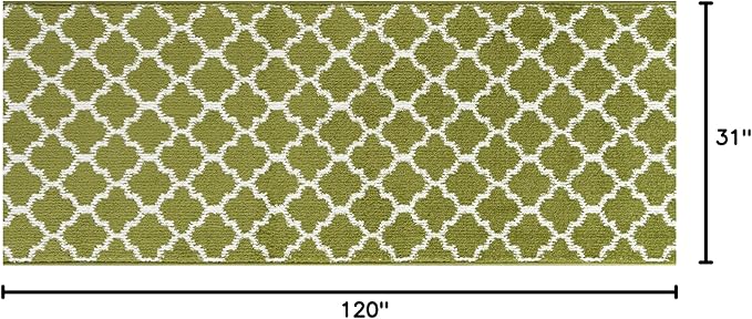 Custom Size Moroccan Trellis Runner Rug Mat for Wide Hallway Entryway Kitchen Laundry Room with Slip Resistant Latex Rubber Backing, Trellis Green, 31 inch X 10 feet