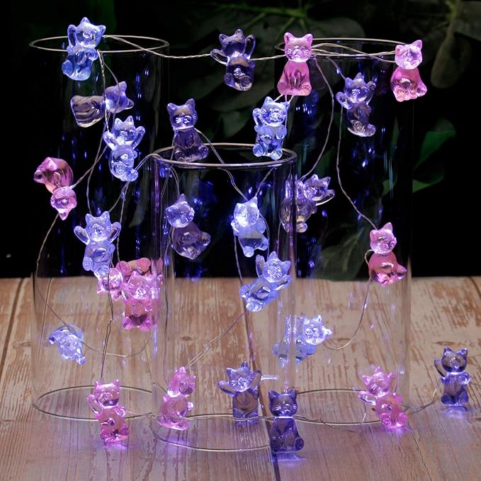 Impress Life 3D Kitty Cat String Lights:10 ft 30 LEDs Fairy Lights USB & Battery Powered with Remote Cute Kitten Animal Lights for Bedroom Home Wedding Birthday Party Indoor Christmas Decorations