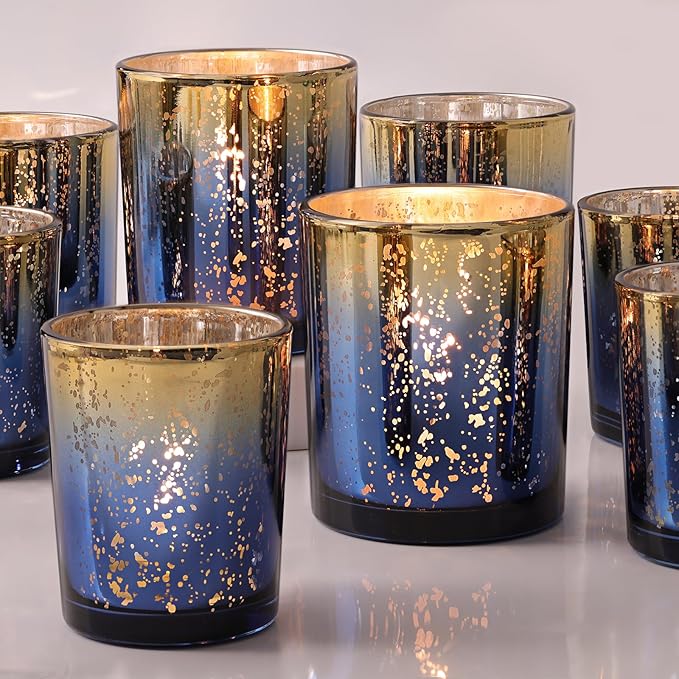 Volens 12pcs Assorted Navy Votive Candle Holders, Large Speckles Mercury Glass Votive & Tealight Candle Holder Bulk for Wedding Table Centerpiece, Navy and Gold Themed Party Decorations and Home Decor