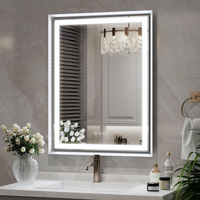 LED Bathroom Mirror, 28“x36“ Lighted Bathroom Mirror with Metal Framed, Extremely Bright LED Mirror for Bathroom, 3 Colors Dimmable, Anti-Fog, Memory, Wall Mounted Lighted Vanity Mirror