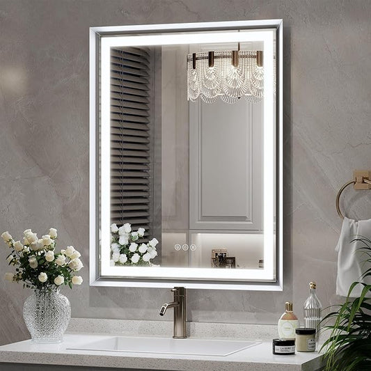 LED Bathroom Mirror, 28“x36“ Lighted Bathroom Mirror with Metal Framed, Extremely Bright LED Mirror for Bathroom, 3 Colors Dimmable, Anti-Fog, Memory, Wall Mounted Lighted Vanity Mirror