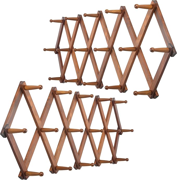 WEBI Accordion Wall Hanger,Expandable Wooden Coat Rack,Accordion Hat Rack for Wall for Hats,Caps,16 Peg Hooks,Brown,2 Packs