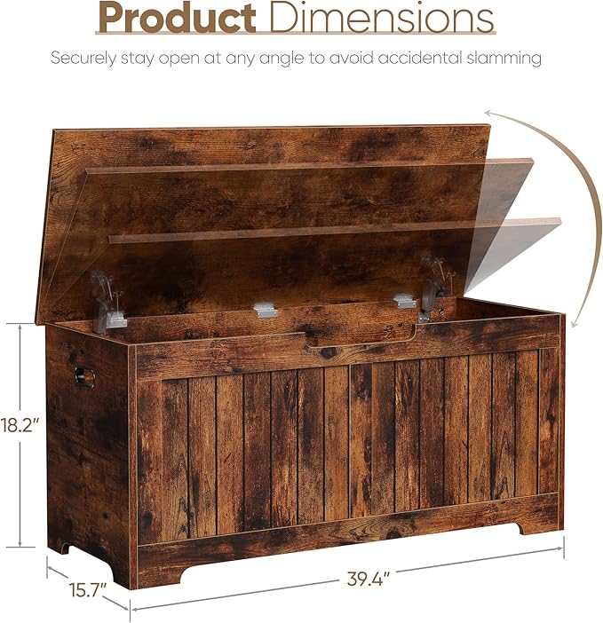 Wooden Storage Chest Box with Flip-top Lid & Safety Hinge, 39.4 Inch Living Room Organizer, Bedroom Bench, Rustic Brown