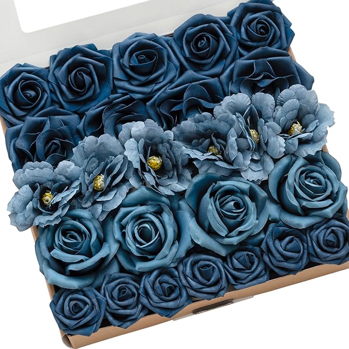 Ling's Moment Artificial Flowers Fake Silk Poppy Faux Foam Roses Combo for DIY Wedding Bouquets Centerpieces Arrangements Bridal Shower Party Home Decorations, Nautical Navy, 25pcs