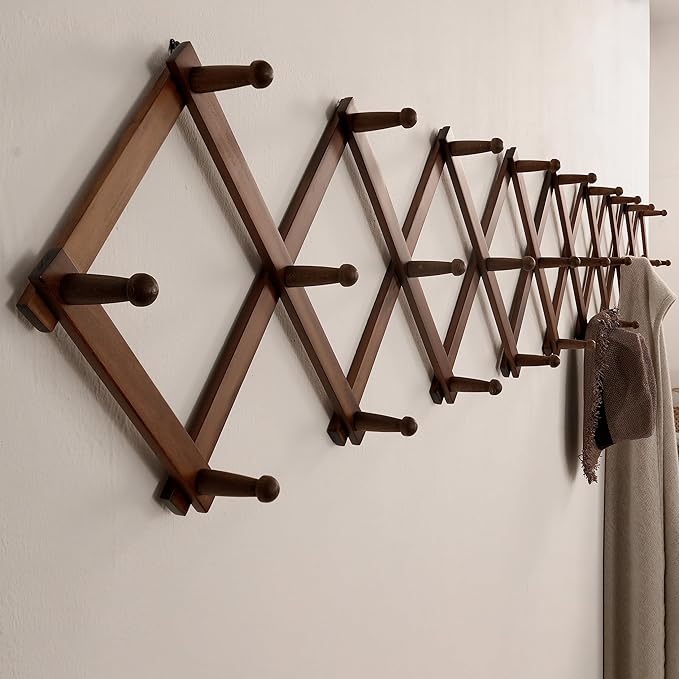 SKOLOO Accordion Wall Hanger with 28 Hooks, Modern Expandable Coat Rack Hat Rack for Wall, Solid Wooden, Walnut Color