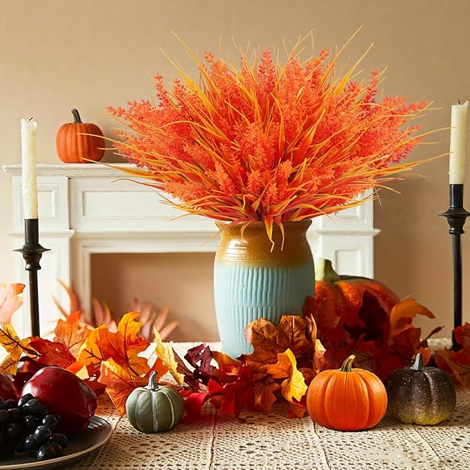 Geegoods 24 Bundles Artificial Fall Flowers Outdoor – Faux Lavender Flowers with Monkey Grass UV Resistant Plastic Faux Plants for Garden Porch Patio Home Decor, Autumn Color