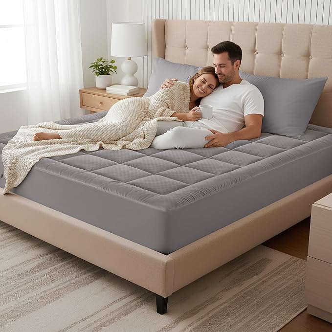 OLANLY California King Quilted Fitted Mattress Pad – Soft Down Alternative Pillow Top Mattress Topper, Cooling Breathable Mattress Cover, Machine Washable Deep Pocket Mattress Protector, Light Grey